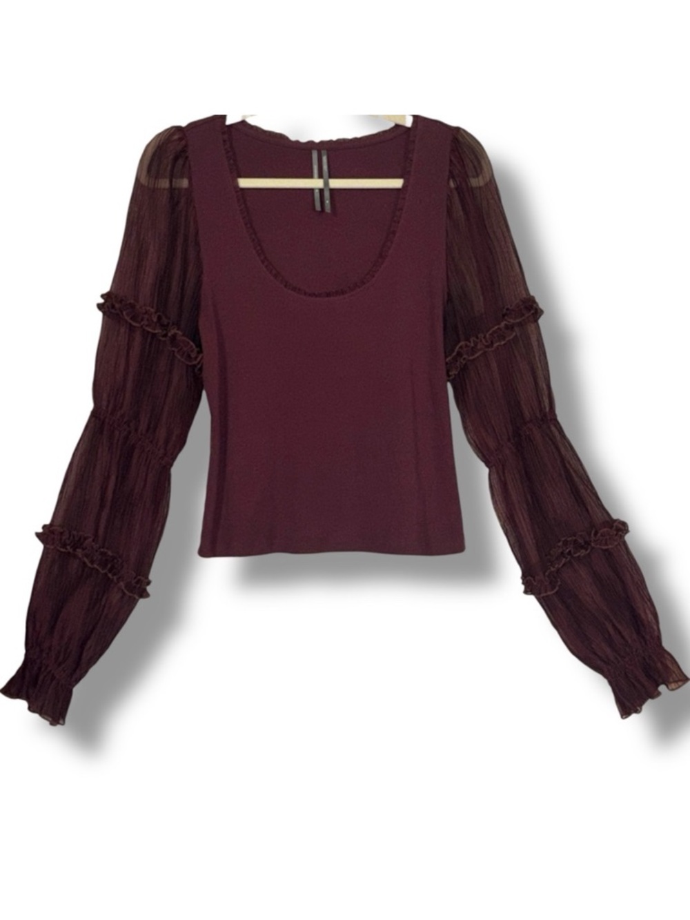 Anthropologie Victorian Ruffled Top Burgundy Sheer Pleated Long Sleeve Size M